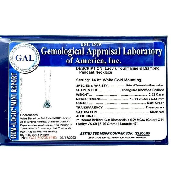 Natural Tourmaline Diamond Pendant Necklace 17" 14k WG 2.49 TCW Certified 308485 - Picture 16 of 16